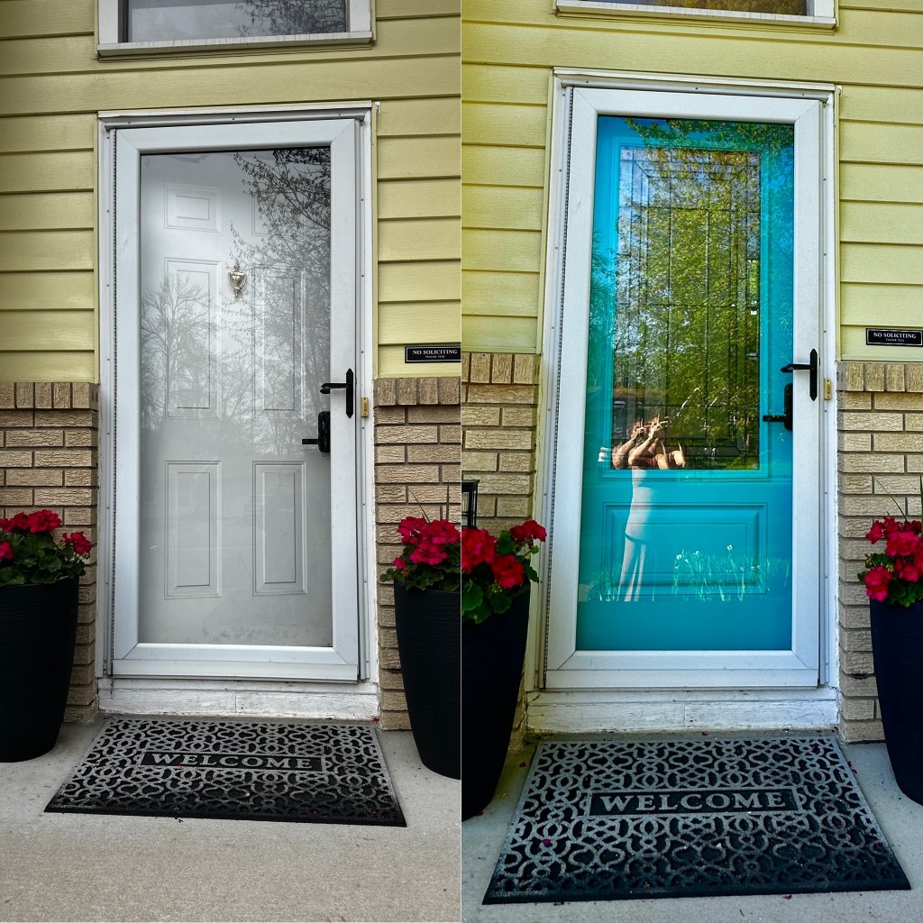 Side-by-side before-and-after of the front door: the original white glass-insert door on the left, and the finished custom-mixed Behr teal door on the right