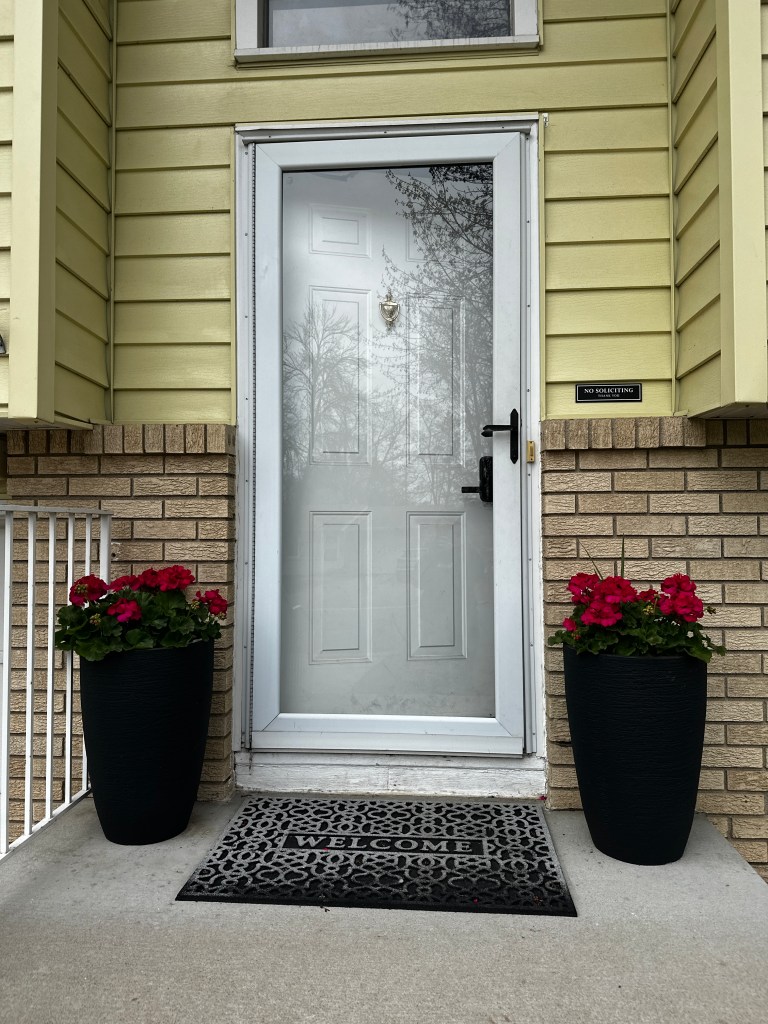 Exterior view of the new front door with a leaded glass insert, freshly installed in white before painting