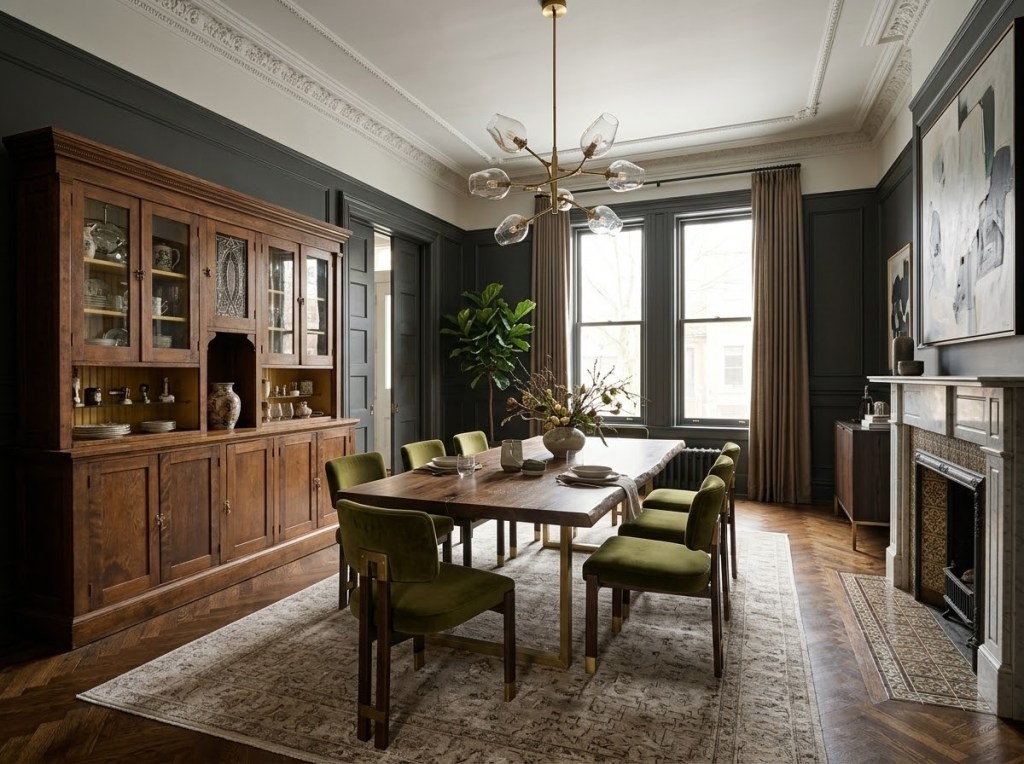 AI-generated transitional dining room featuring the salvaged oak hutch