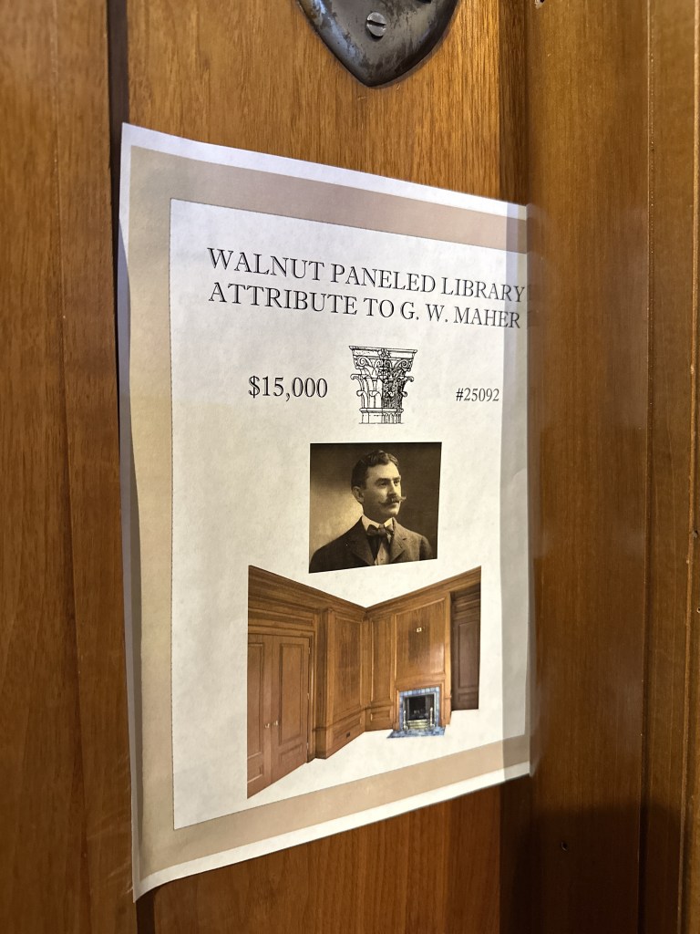 Shop placard for a walnut paneled library, attributed to architect G. W. Maher, with his portrait and a photo of the finished room